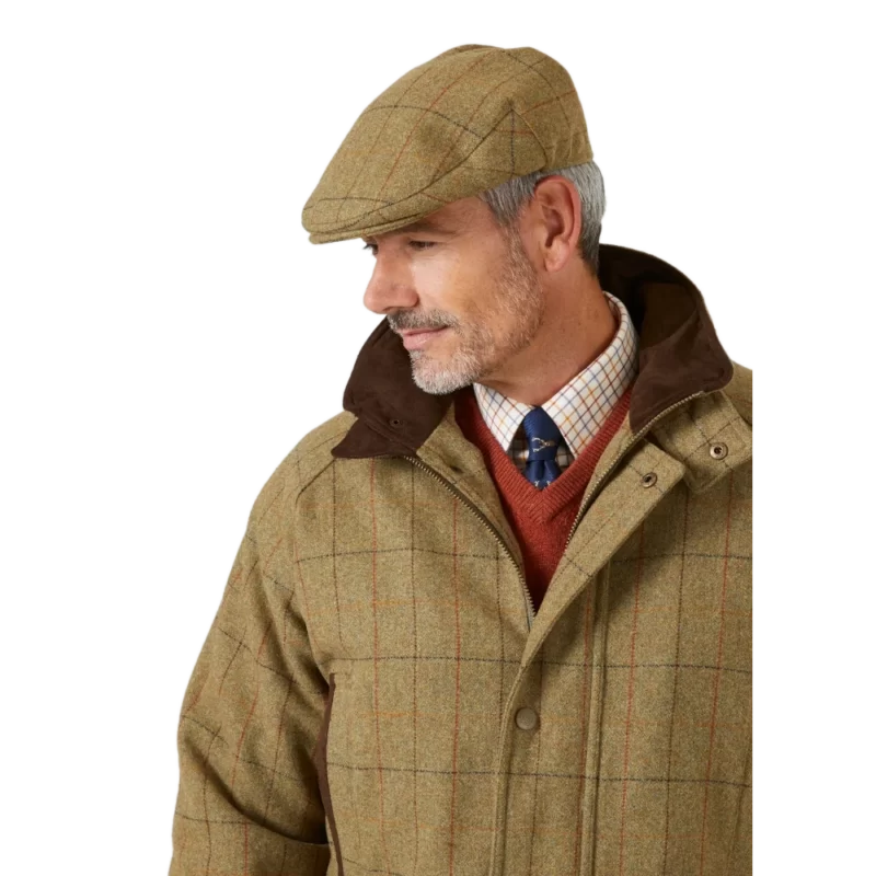 Alan Paine Combrook Tweed Mens Flat Cap in Elm with combrook coat front